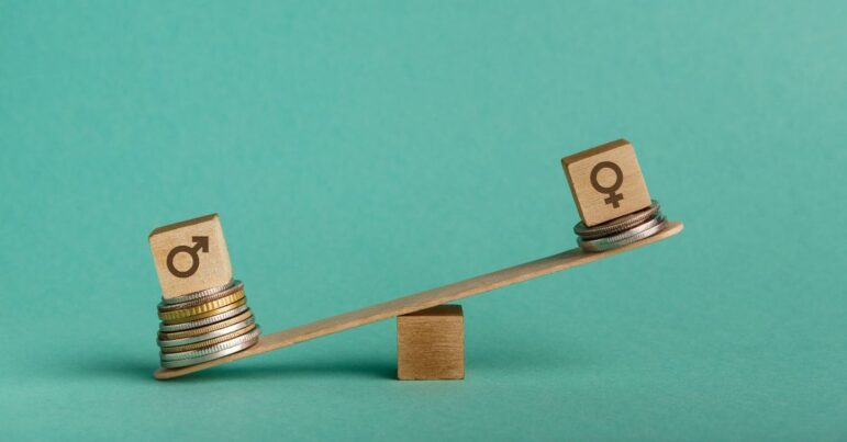 Illustration of gender pay gap with money and seesaw